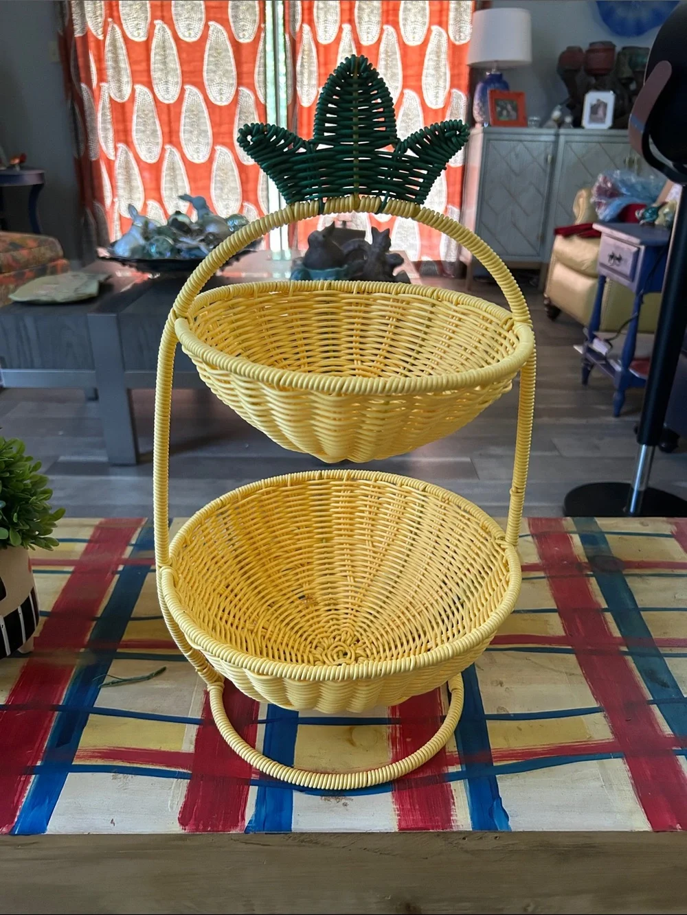 Yellow Two-Tier Wicker Serving Basket with Green Pineapple Accent